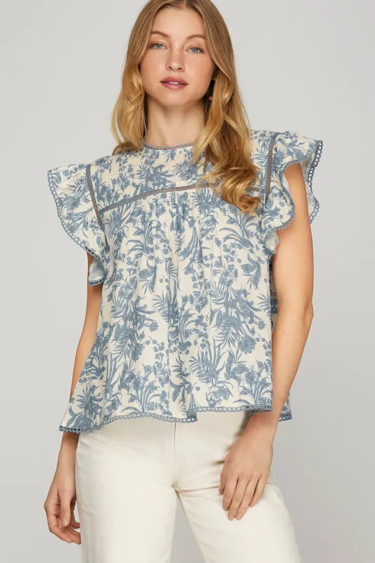 Azalea Pintuck & Ladder Trim Blouse, Blue sold by North & Main Clothing Company