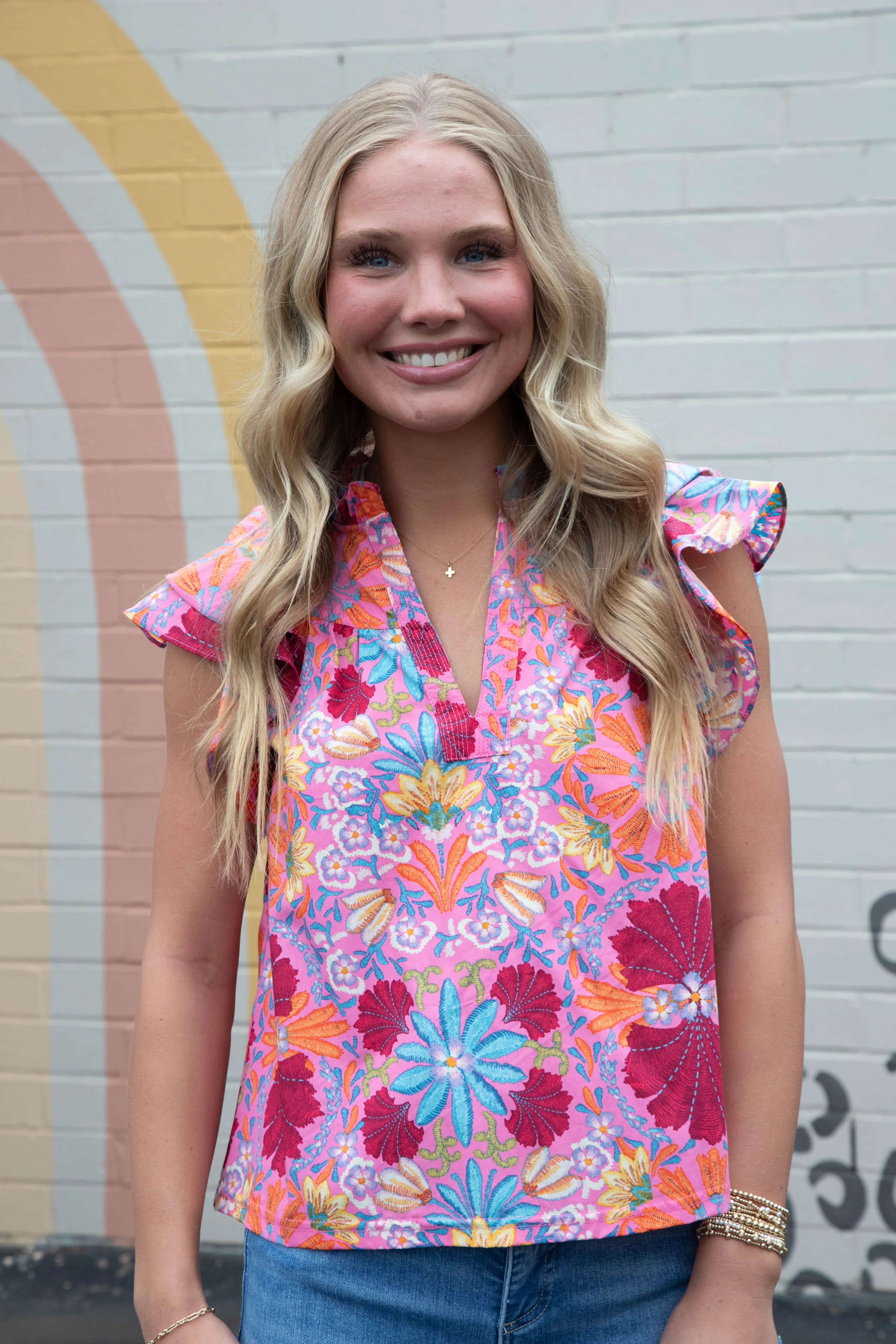 Jocelyn Printed Ruffle Sleeve Blouse, Pink Multi sold by North & Main Clothing Company product image thumbnail 3