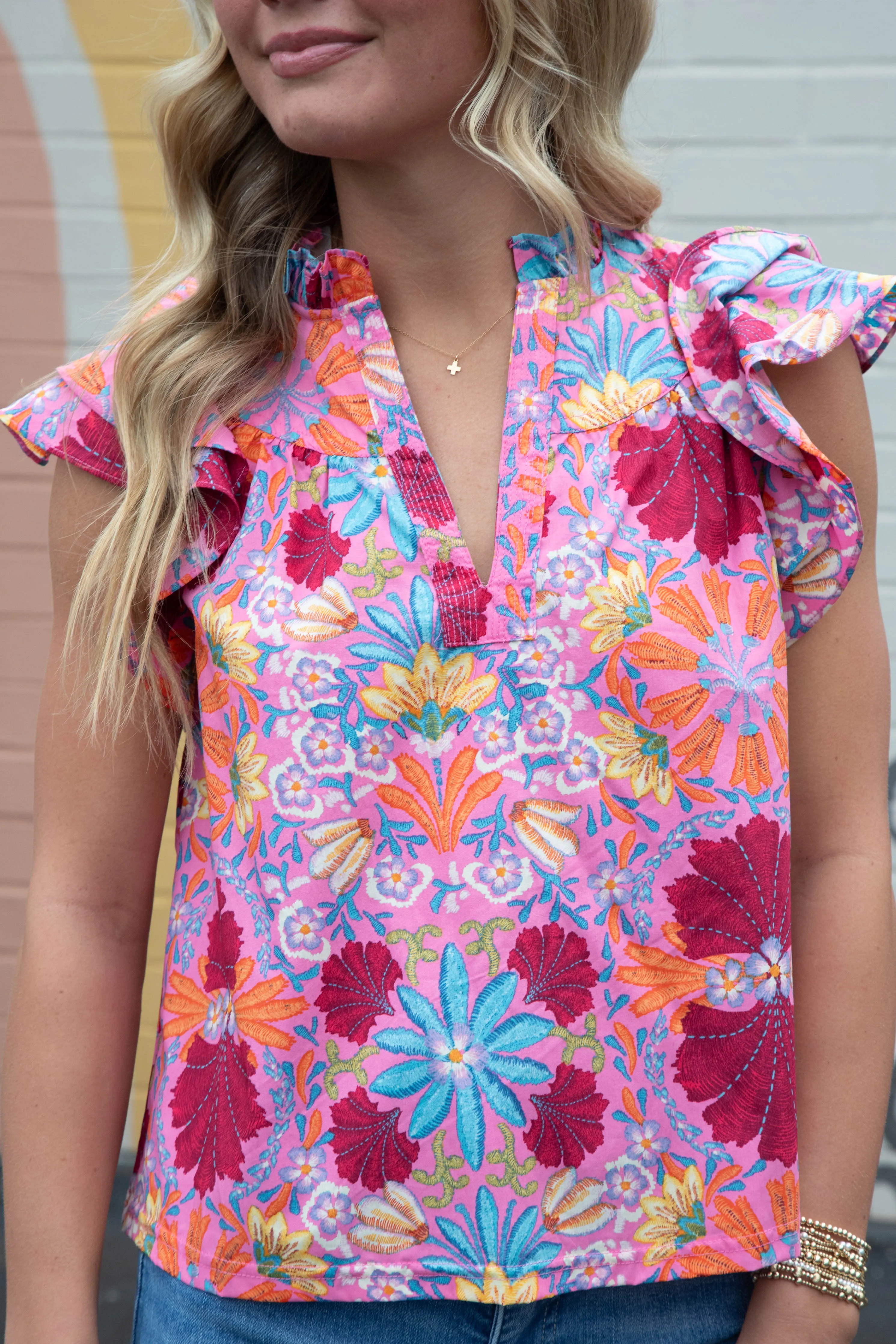 Jocelyn Printed Ruffle Sleeve Blouse, Pink Multi sold by North & Main Clothing Company product image thumbnail 4