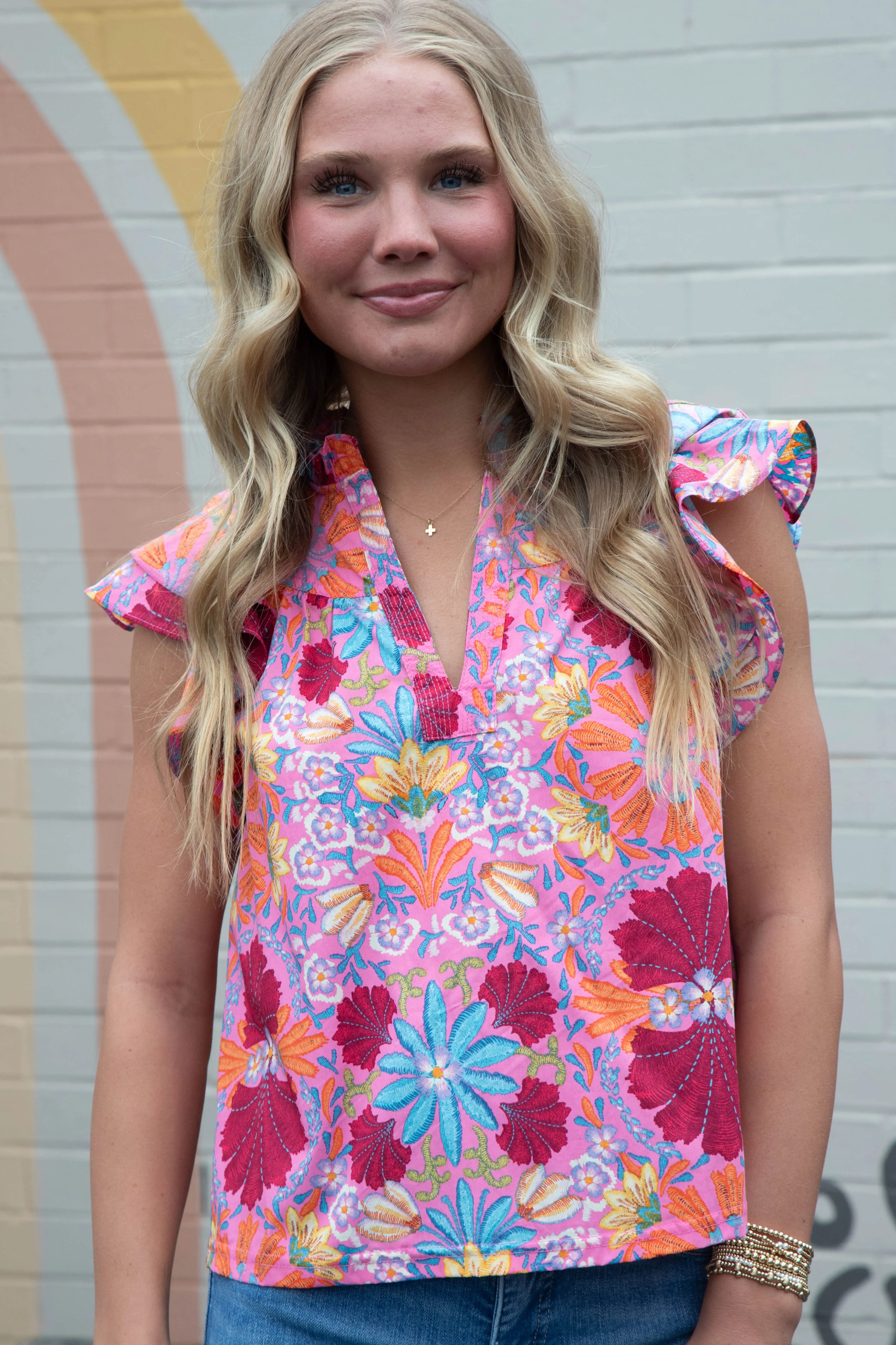 Jocelyn Printed Ruffle Sleeve Blouse, Pink Multi sold by North & Main Clothing Company product image thumbnail 5