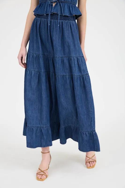 Tessa High Waist Tiered Midi Skirt, Denim sold by North & Main Clothing Company