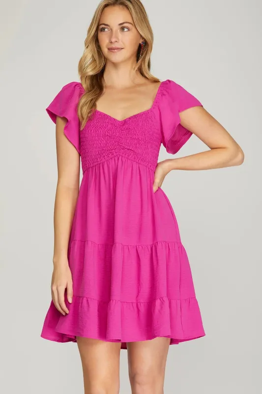 Katie Flutter Sleeve Smocked Mini Dress, Hot Pink sold by North & Main Clothing Company