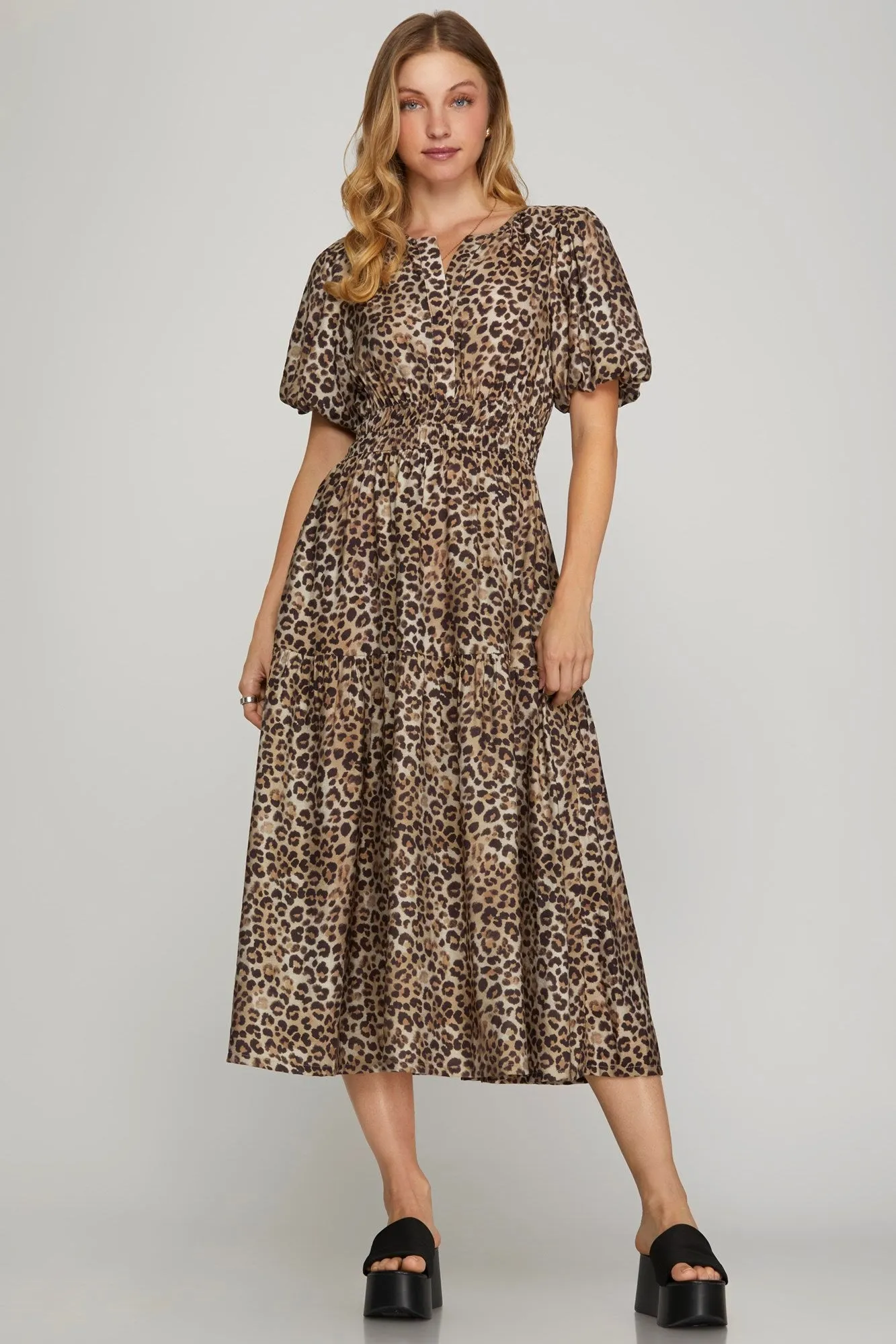 Destiny Split Neck Printed Dress, Mocha sold by North & Main Clothing Company