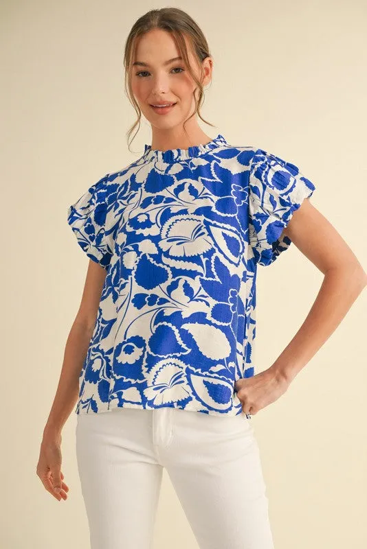 Aylin Ruffle Neck Printed Top, Royal sold by North & Main Clothing Company