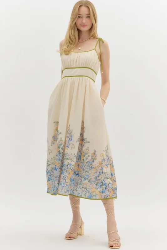 Veronica Floral Accent Trim Midi Dress, Natural sold by North & Main Clothing Company