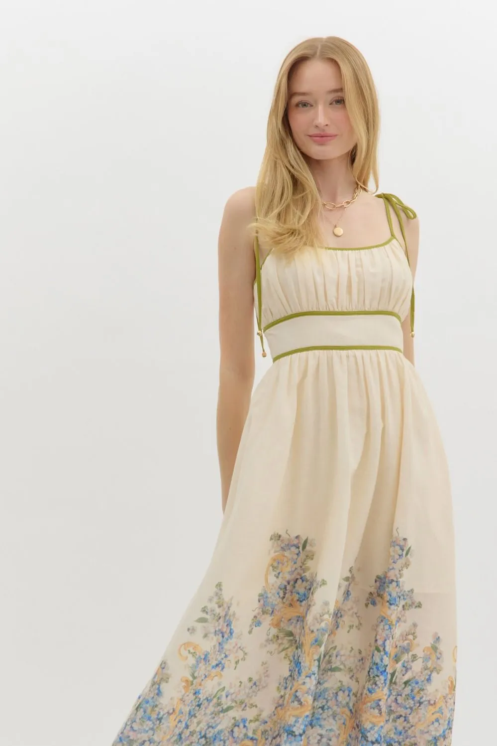 Veronica Floral Accent Trim Midi Dress, Natural sold by North & Main Clothing Company product image thumbnail 2