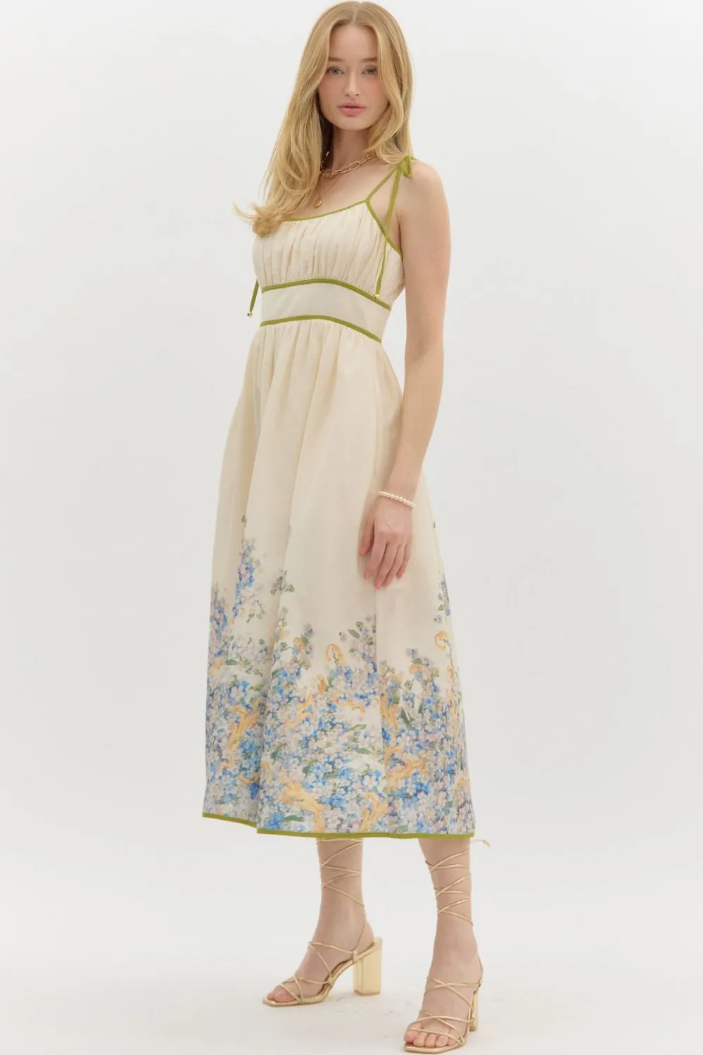 Veronica Floral Accent Trim Midi Dress, Natural sold by North & Main Clothing Company product image thumbnail 4