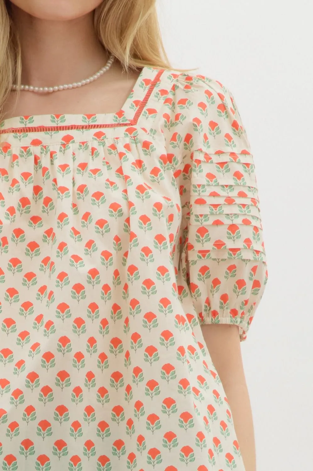 Mira Floral Pintuck Detail Sleeve Blouse, Red sold by North & Main Clothing Company product image thumbnail 3