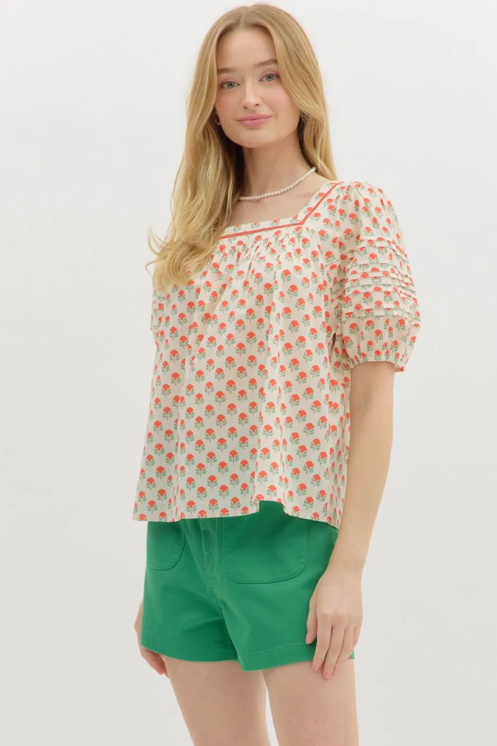 Mira Floral Pintuck Detail Sleeve Blouse, Red sold by North & Main Clothing Company product image thumbnail 4