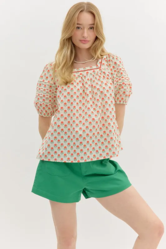 Mira Floral Pintuck Detail Sleeve Blouse, Red sold by North & Main Clothing Company