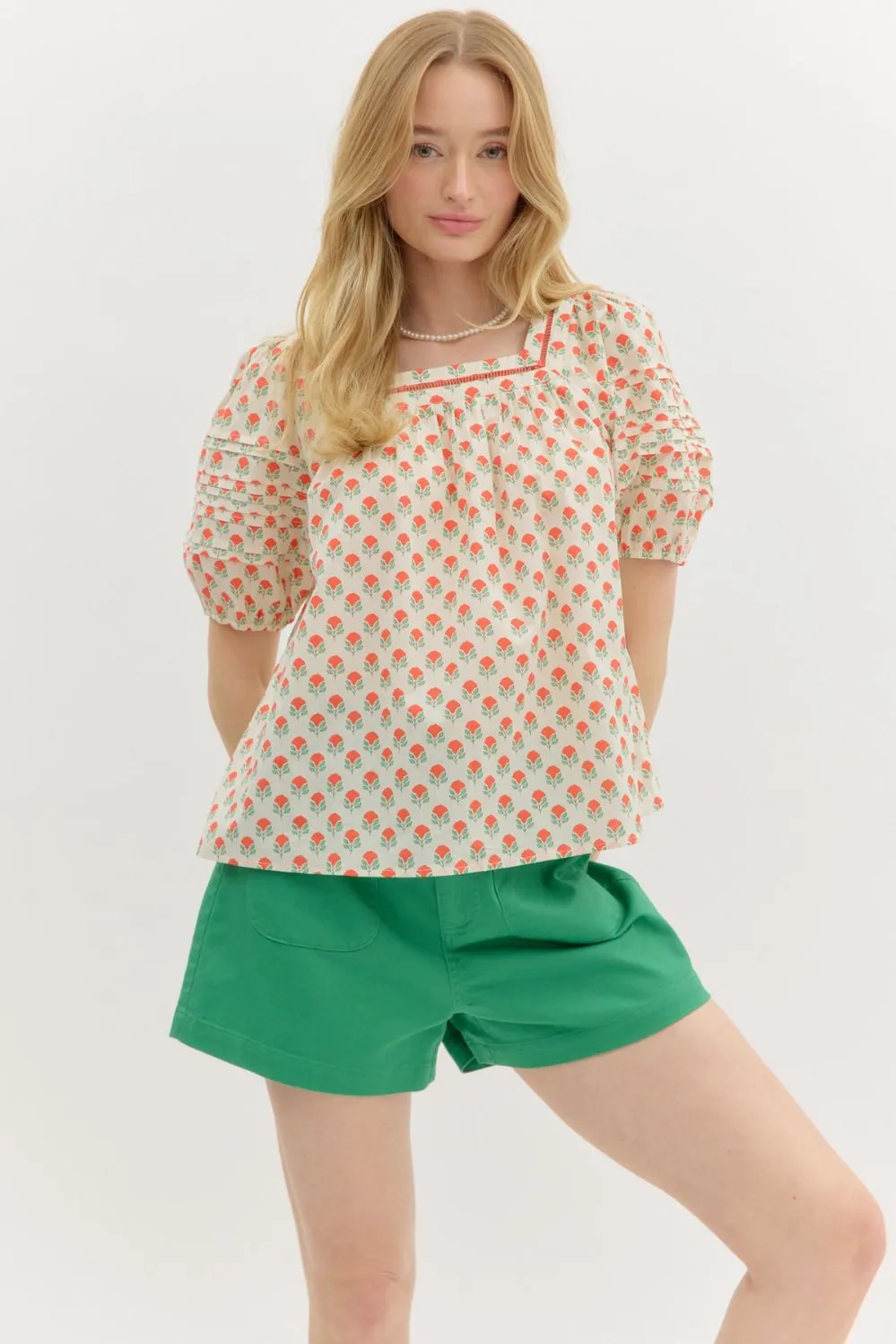 Mira Floral Pintuck Detail Sleeve Blouse, Red sold by North & Main Clothing Company