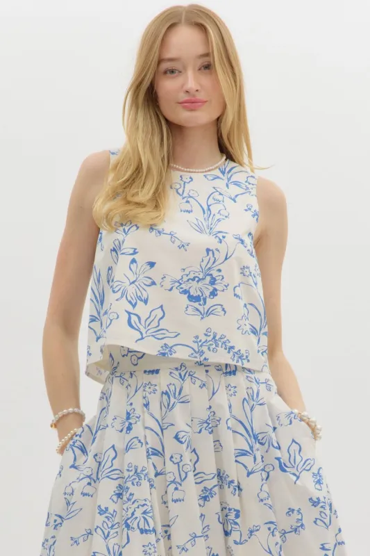 Brynn Floral Sleeveless Top, Cream Blue sold by North & Main Clothing Company