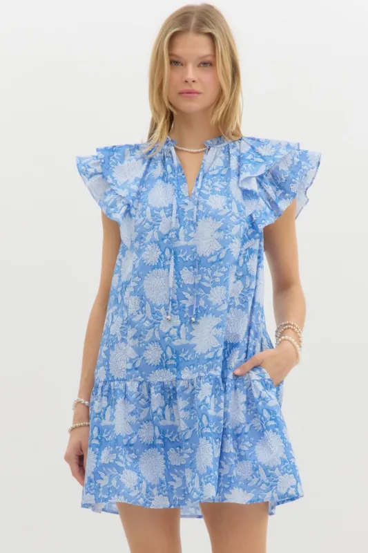 Astrid Flutter Sleeve Tie Neck Dress, Blue sold by North & Main Clothing Company