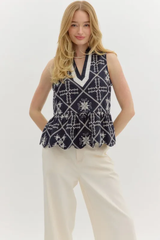 Briella V-Neck Embroidered Top, Navy sold by North & Main Clothing Company