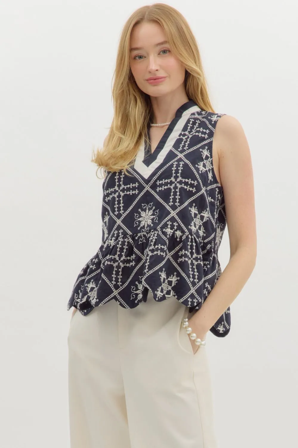 Briella V-Neck Embroidered Top, Navy sold by North & Main Clothing Company product image thumbnail 4