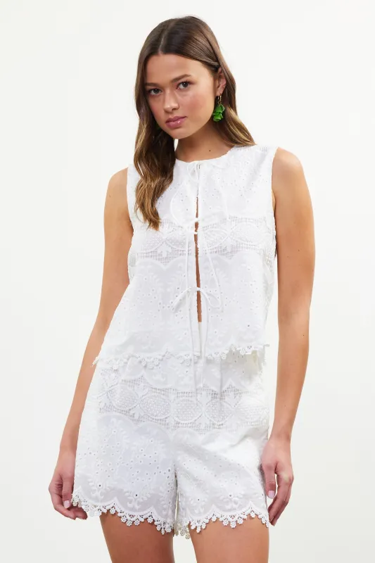 Demi Tie Front Embroidered Top, White sold by North & Main Clothing Company