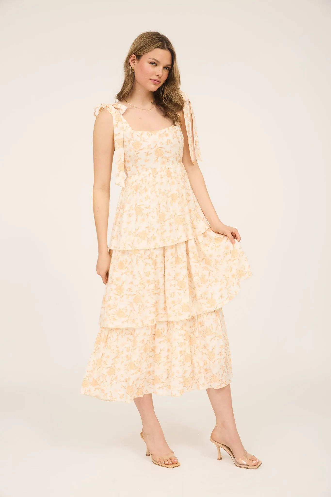 Flora Tie Strap Ruffled Midi Dress, Apricot Multi sold by North & Main Clothing Company product image thumbnail 3