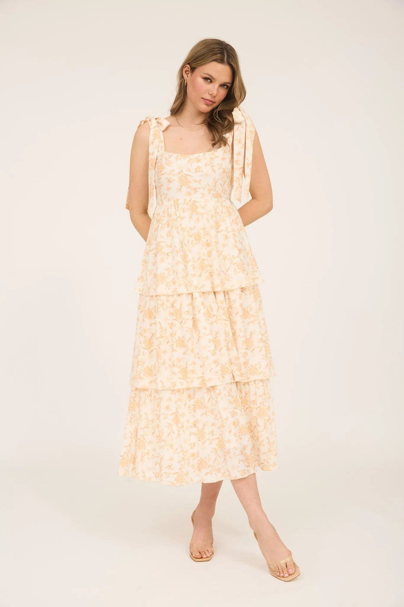 Flora Tie Strap Ruffled Midi Dress, Apricot Multi sold by North & Main Clothing Company