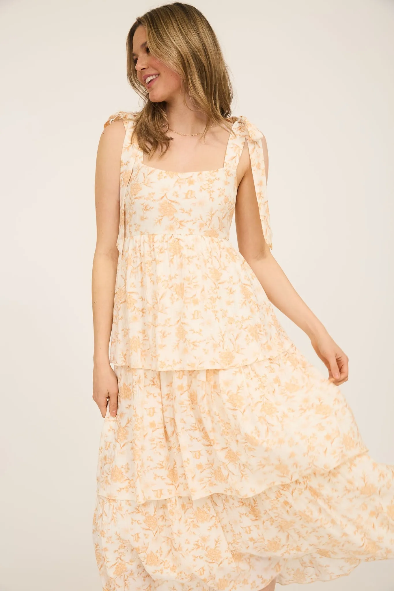 Flora Tie Strap Ruffled Midi Dress, Apricot Multi sold by North & Main Clothing Company product image thumbnail 4