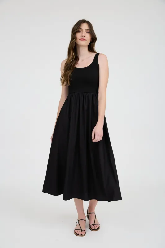 Rhea Mixed Media Midi Dress, Black sold by North & Main Clothing Company