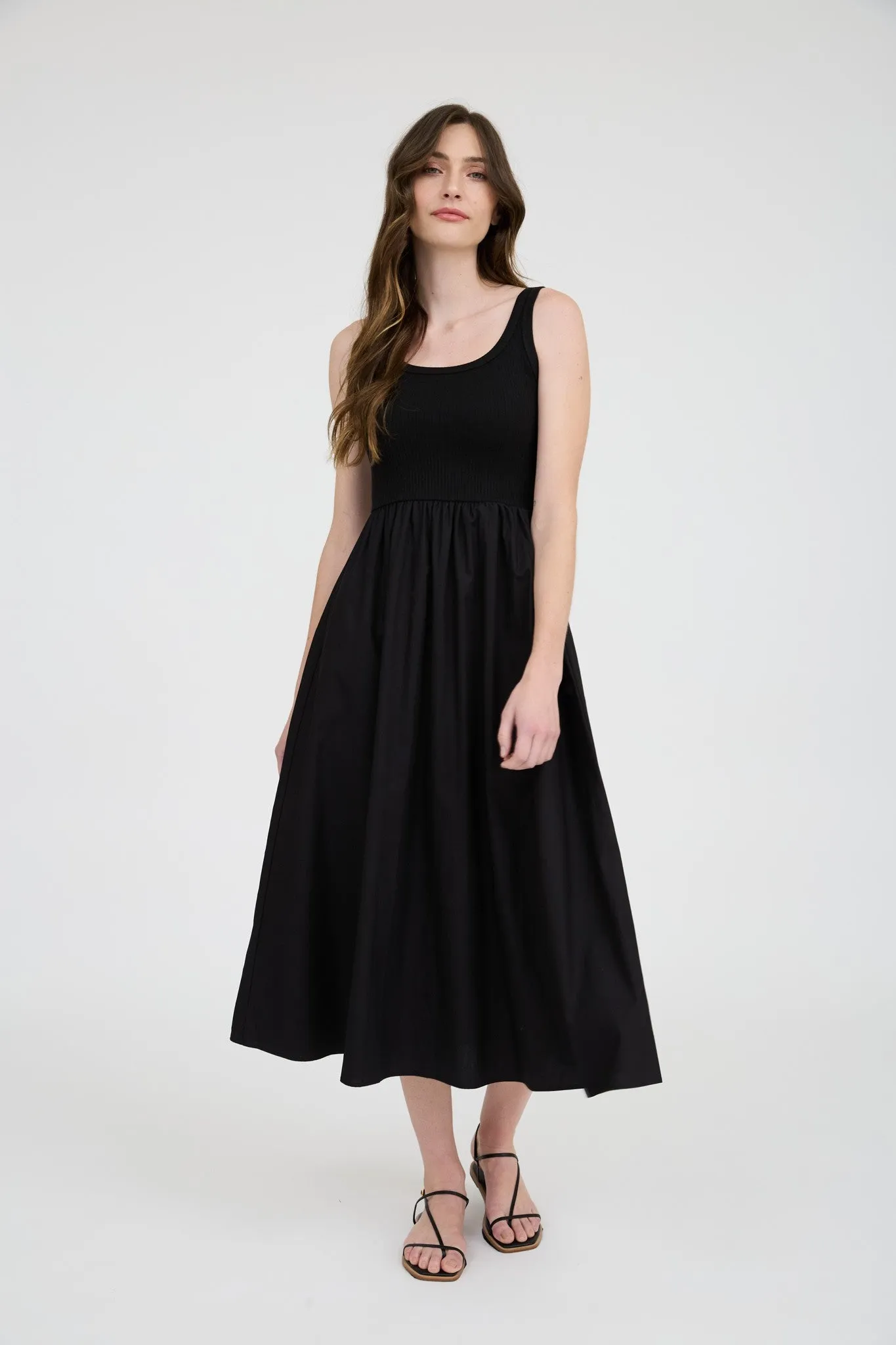 Rhea Mixed Media Midi Dress, Black sold by North & Main Clothing Company