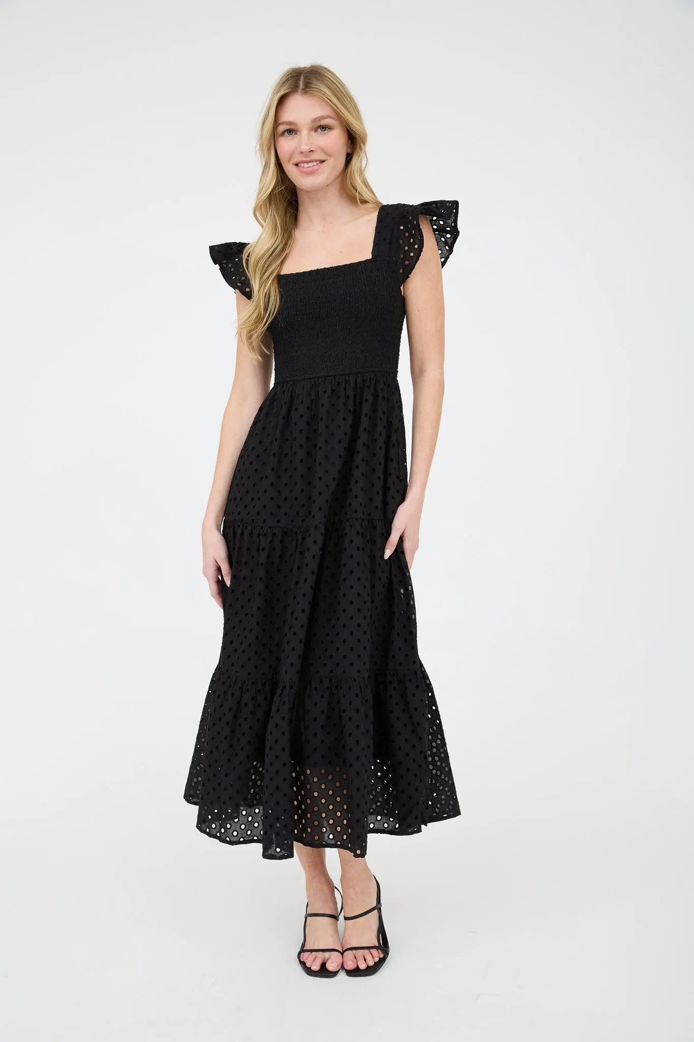 Emmy Eyelet Tiered Midi Dress, Black sold by North & Main Clothing Company