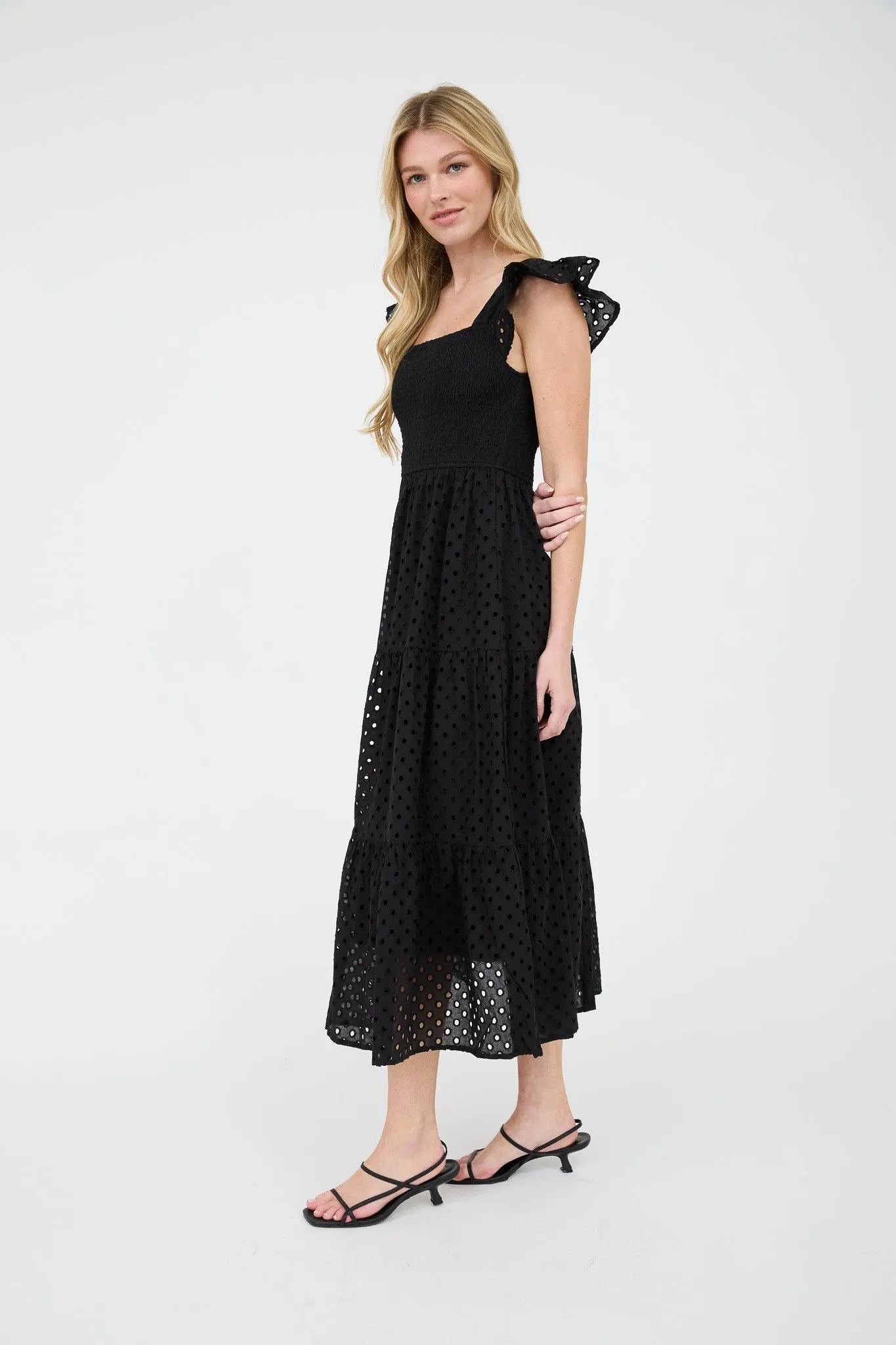 Emmy Eyelet Tiered Midi Dress, Black sold by North & Main Clothing Company product image thumbnail 3