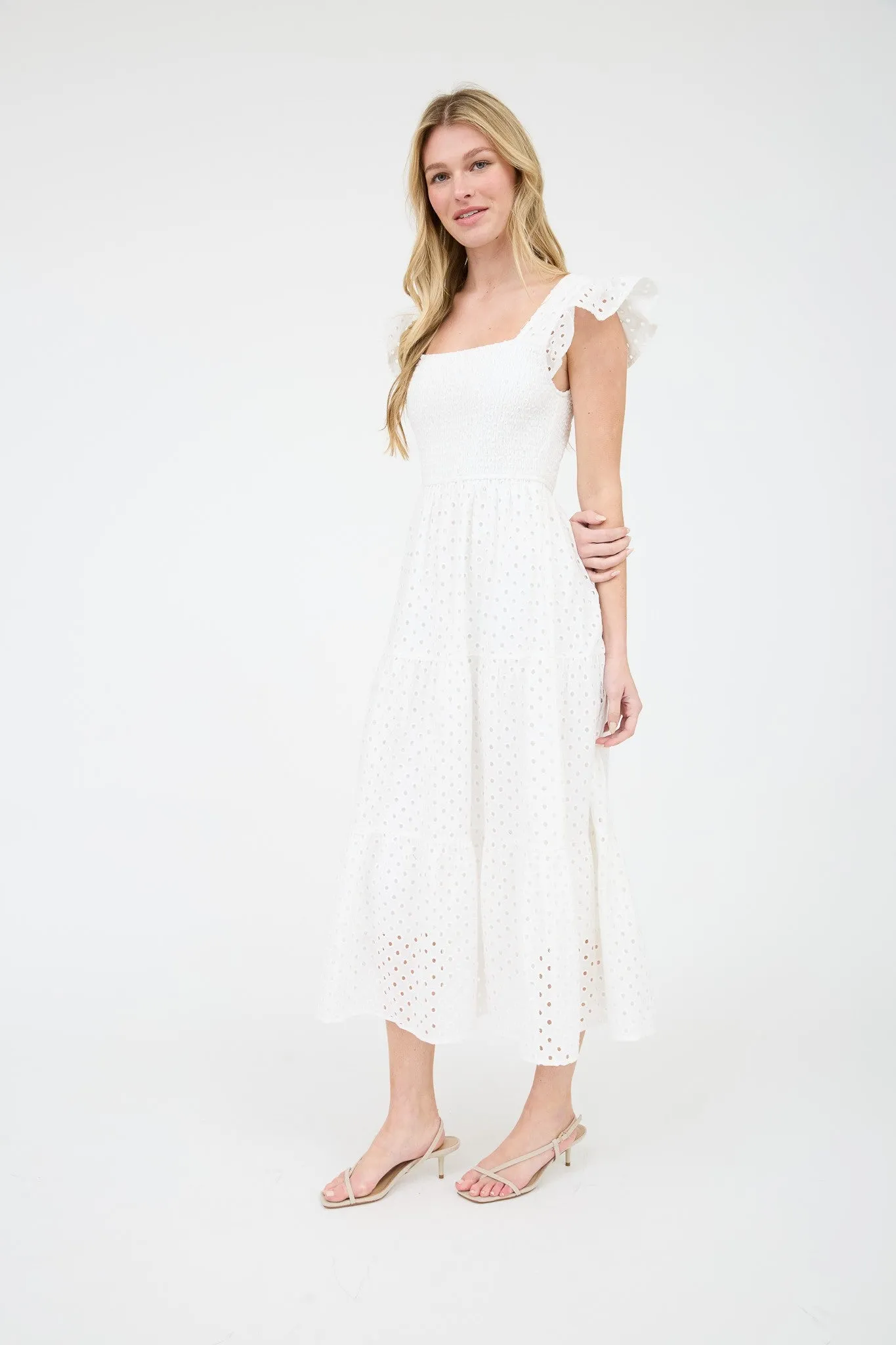 Emmy Eyelet Tiered Midi Dress, White sold by North & Main Clothing Company product image thumbnail 3