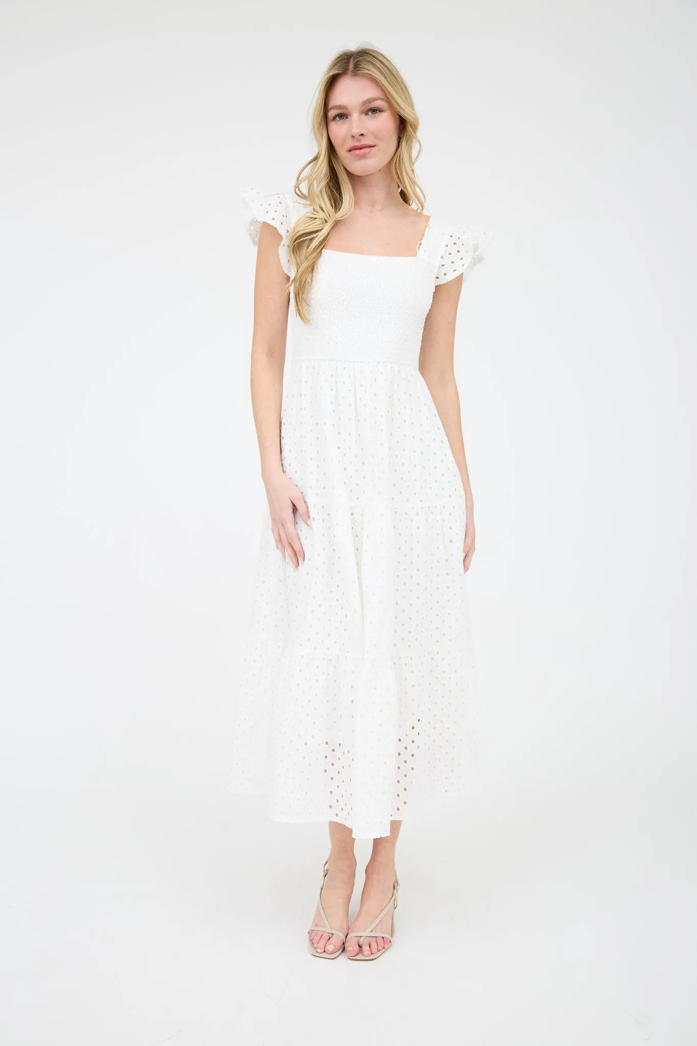 Emmy Eyelet Tiered Midi Dress, White sold by North & Main Clothing Company