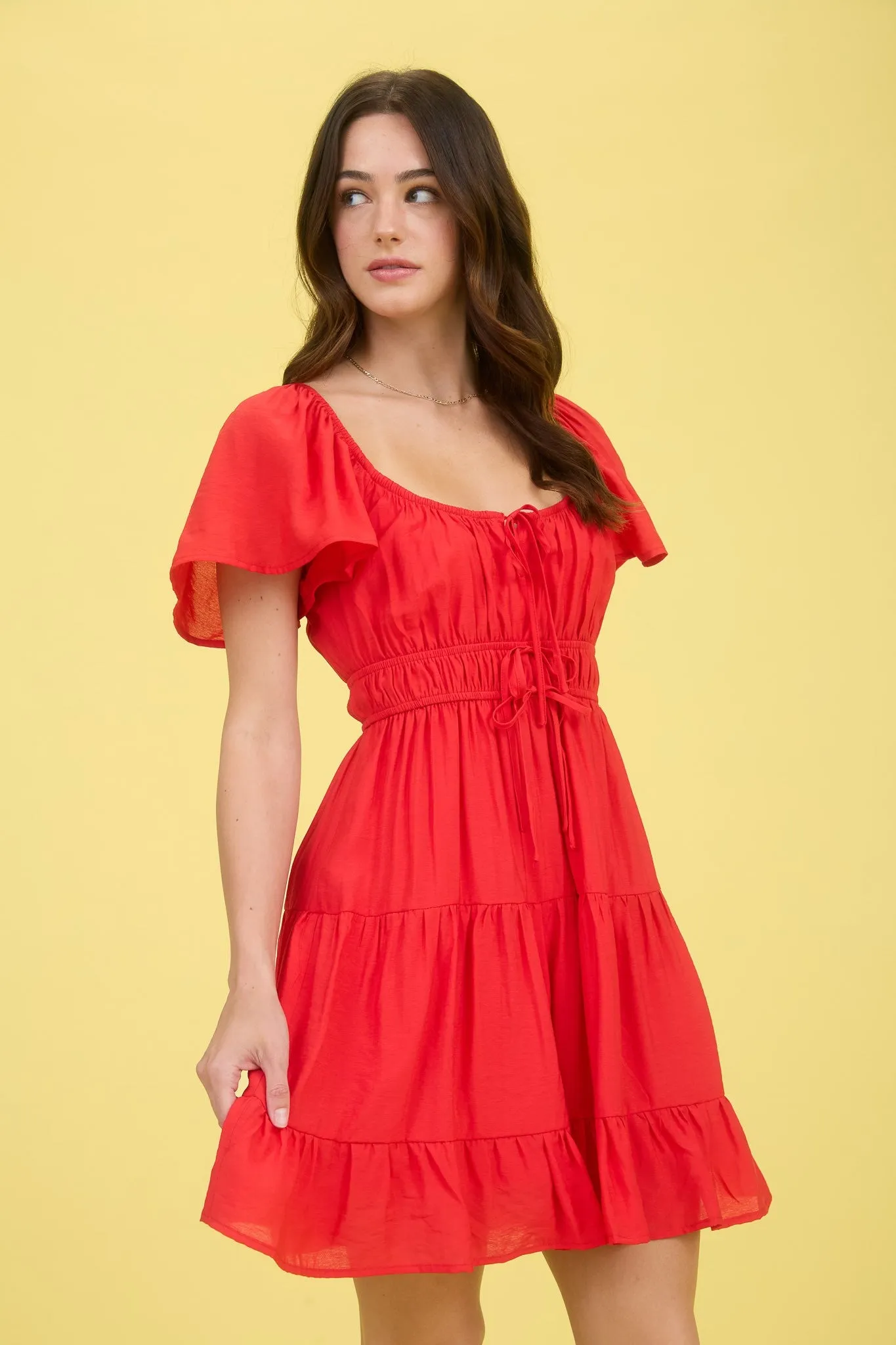 Edith Front Tie Tiered Mini Dress, Red sold by North & Main Clothing Company product image thumbnail 4