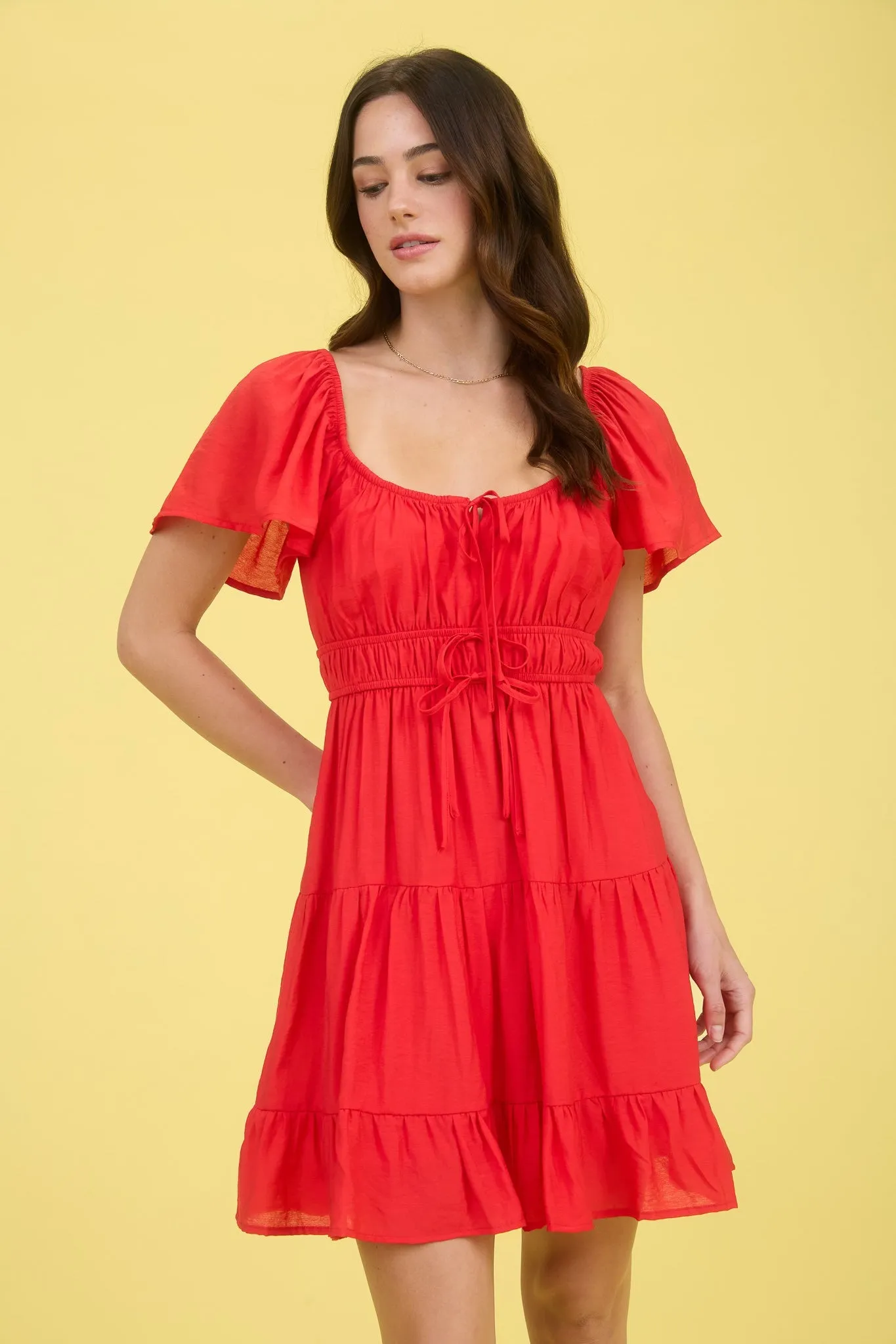 Edith Front Tie Tiered Mini Dress, Red sold by North & Main Clothing Company product image thumbnail 2