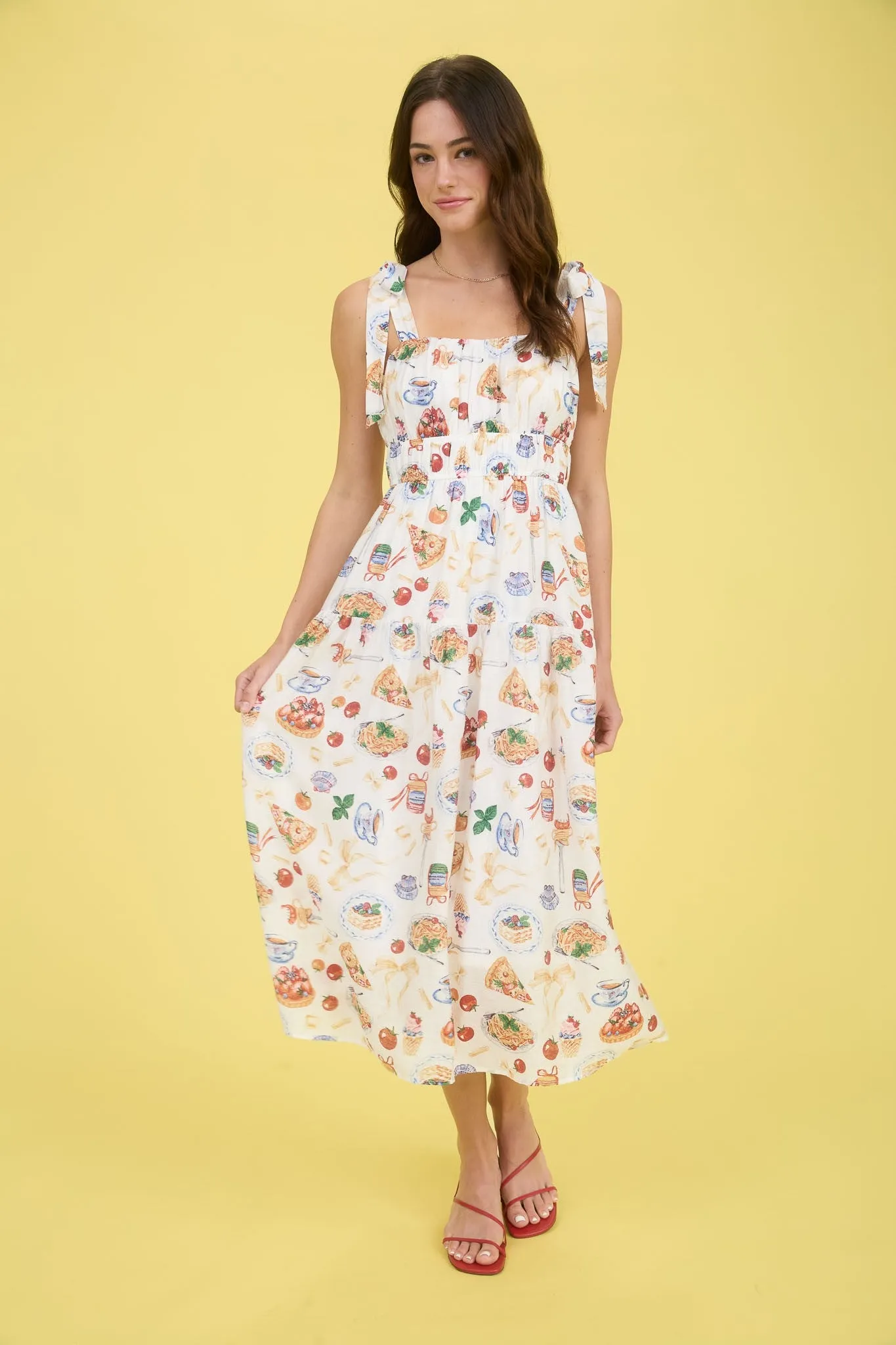 Allie Tea Time Tie Strap Midi Dress, Off White Multi sold by North & Main Clothing Company
