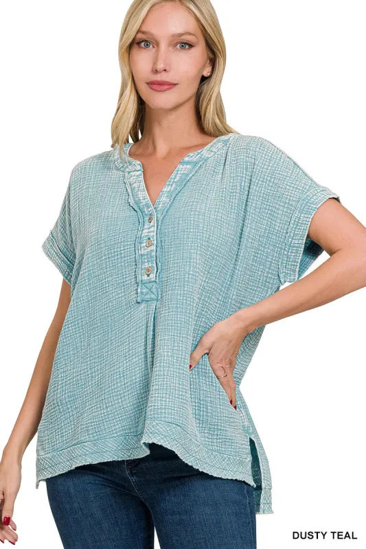 Gracelyn Washed Double Gauze Shirt, Dusty Teal sold by North & Main Clothing Company