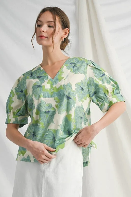 Eden Floral Puff Sleeve Top, Green Ivory Mix sold by North & Main Clothing Company