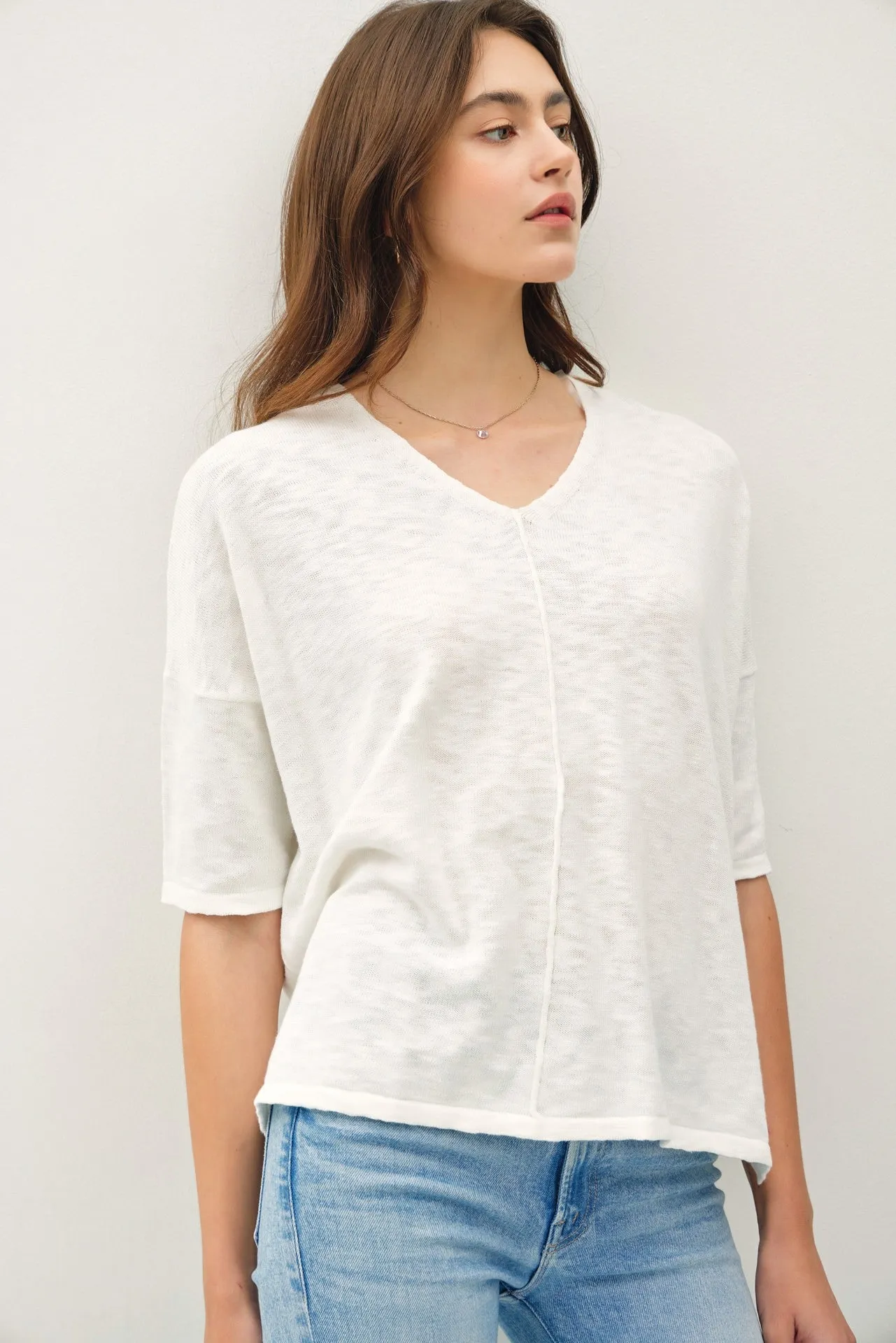 Lyra Cotton Slub V-Neck Tee, Off White sold by North & Main Clothing Company
