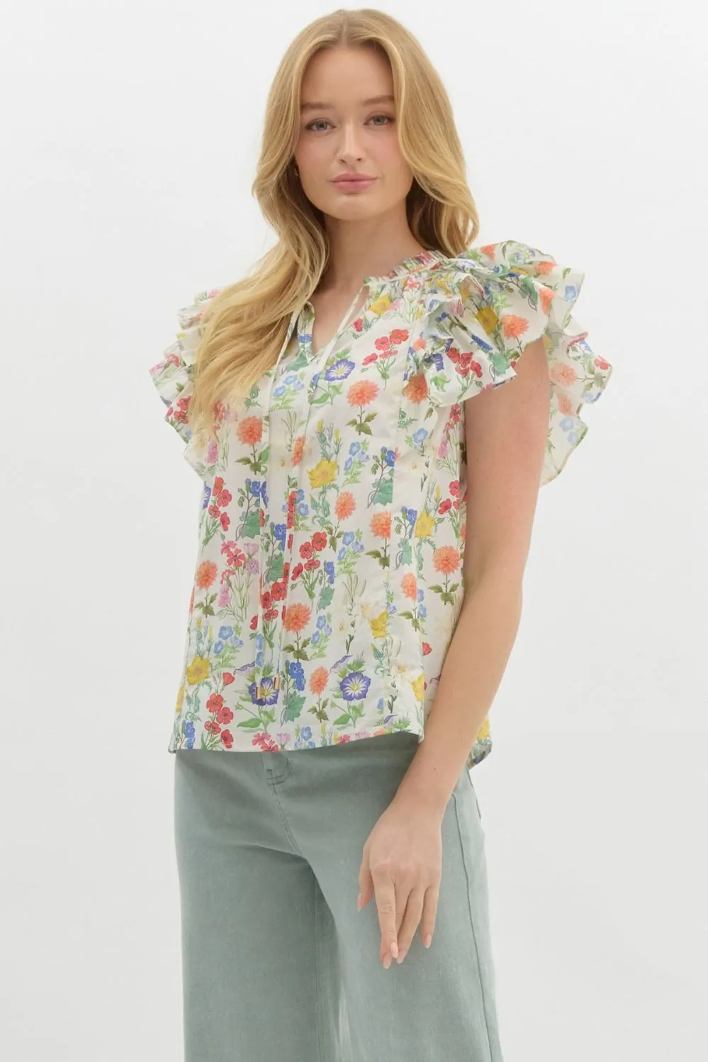 Macie Double Ruffle Sleeve Floral Top, Ivory sold by North & Main Clothing Company product image thumbnail 4