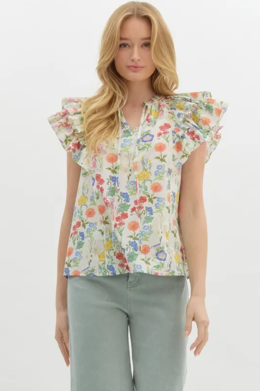 Macie Double Ruffle Sleeve Floral Top, Ivory sold by North & Main Clothing Company