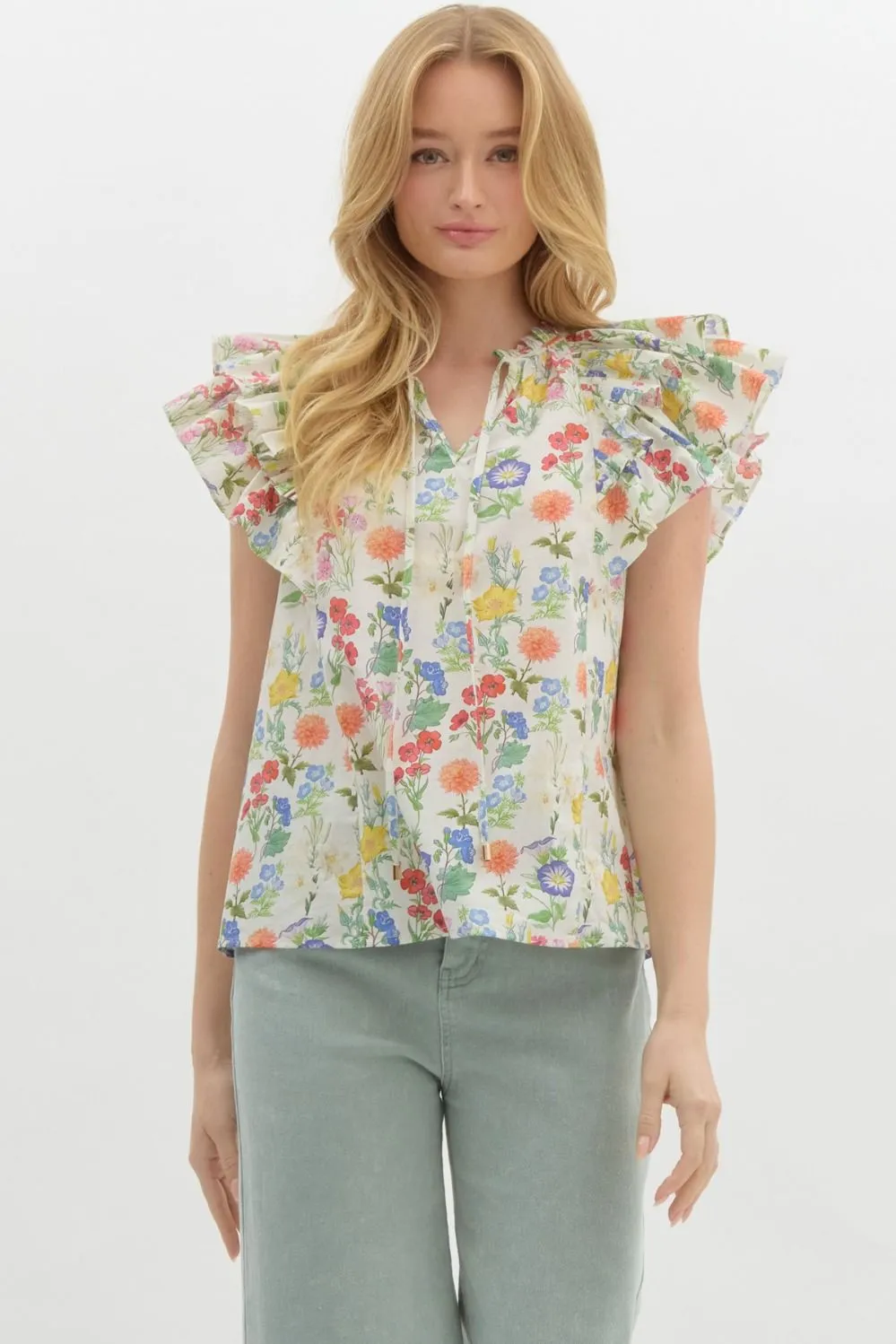 Macie Double Ruffle Sleeve Floral Top, Ivory sold by North & Main Clothing Company