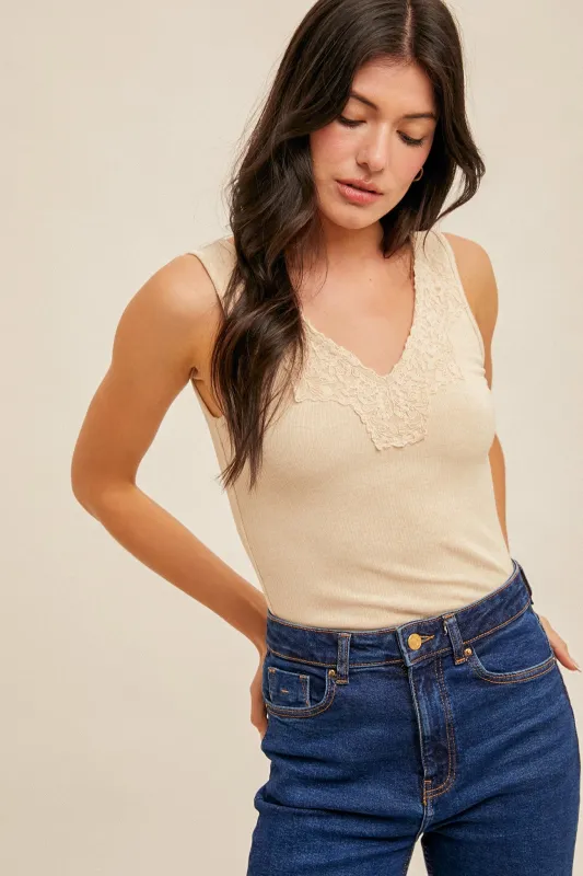 Felicity Lace Trim Ribbed Tank, Taupe Melange sold by North & Main Clothing Company