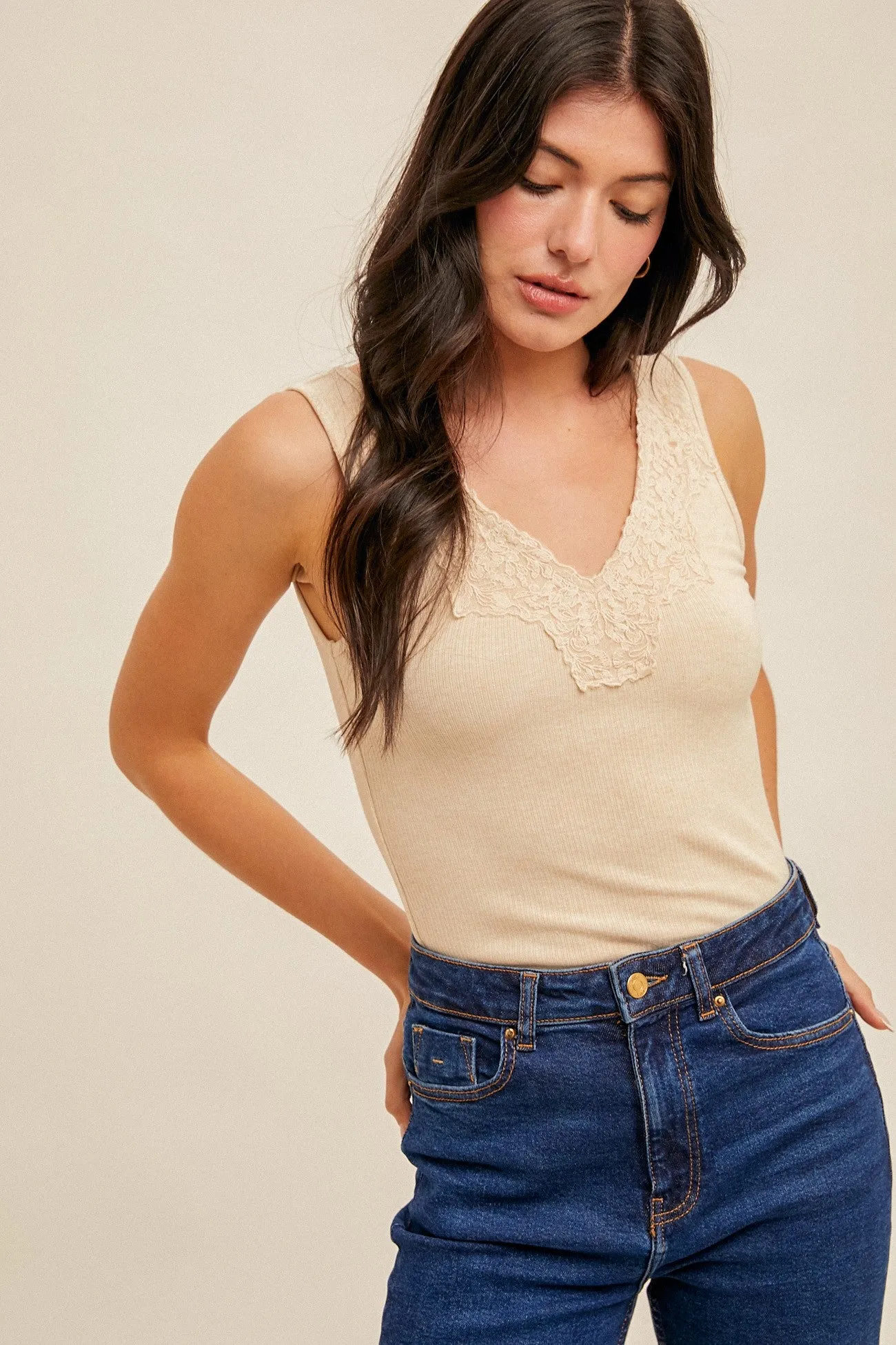 Felicity Lace Trim Ribbed Tank, Taupe Melange sold by North & Main Clothing Company