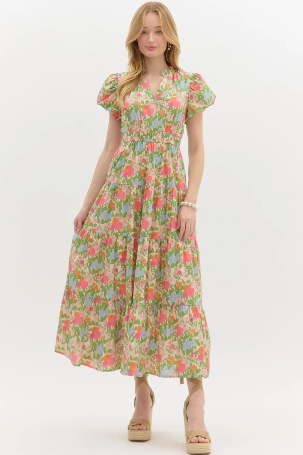 Sunny Floral Puff Sleeve Maxi Dress, Marigold sold by North & Main Clothing Company