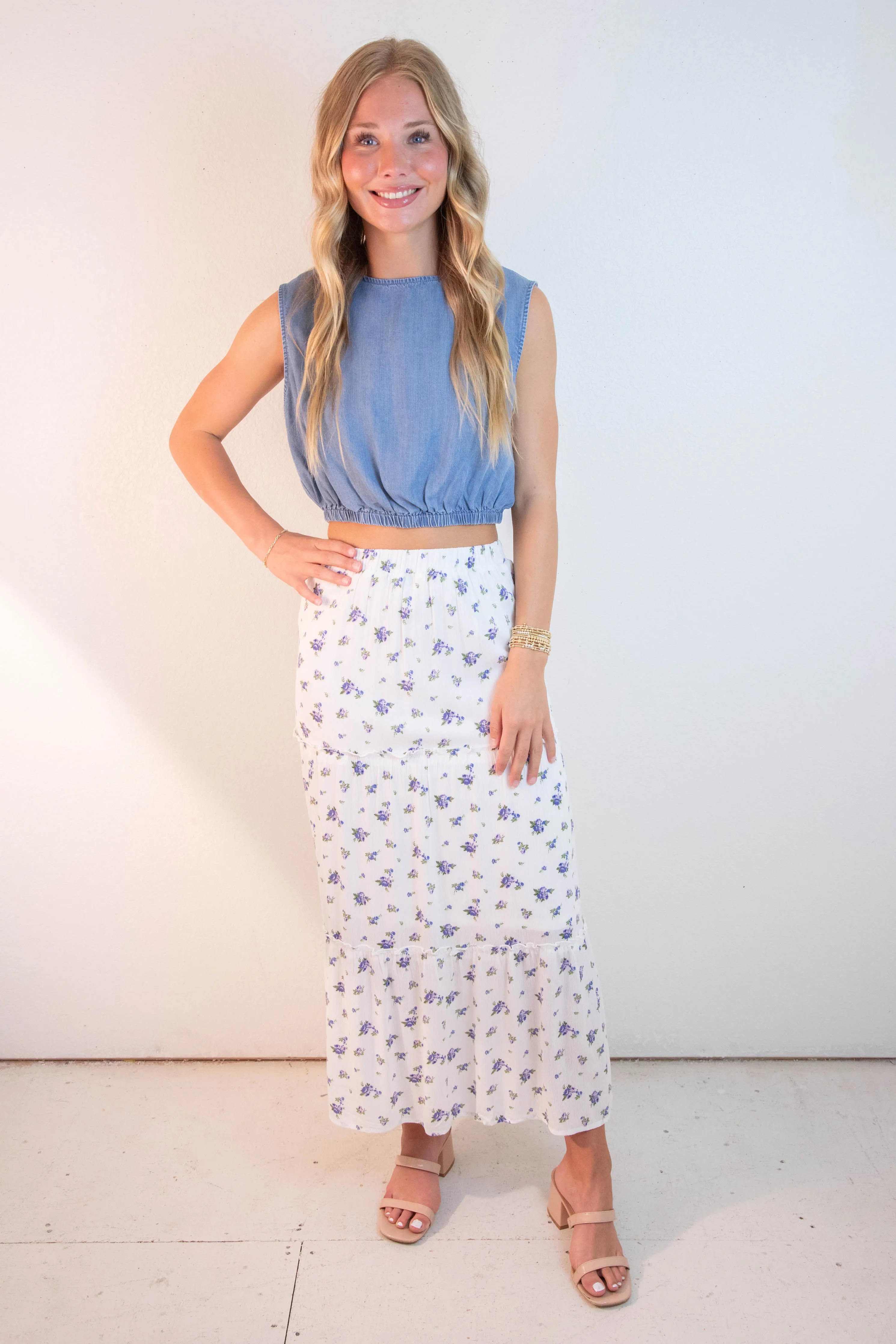 Charli Floral Tiered Midi Skirt, Blue sold by North & Main Clothing Company product image thumbnail 5
