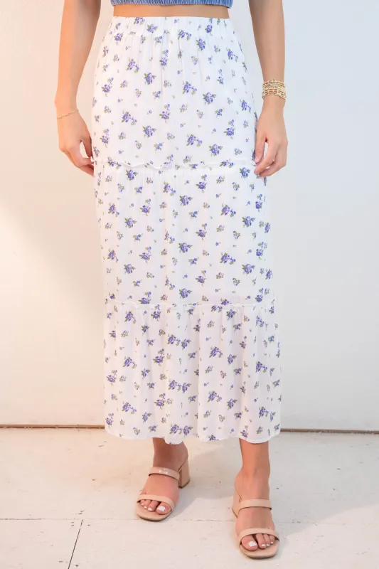 Charli Floral Tiered Midi Skirt, Blue sold by North & Main Clothing Company