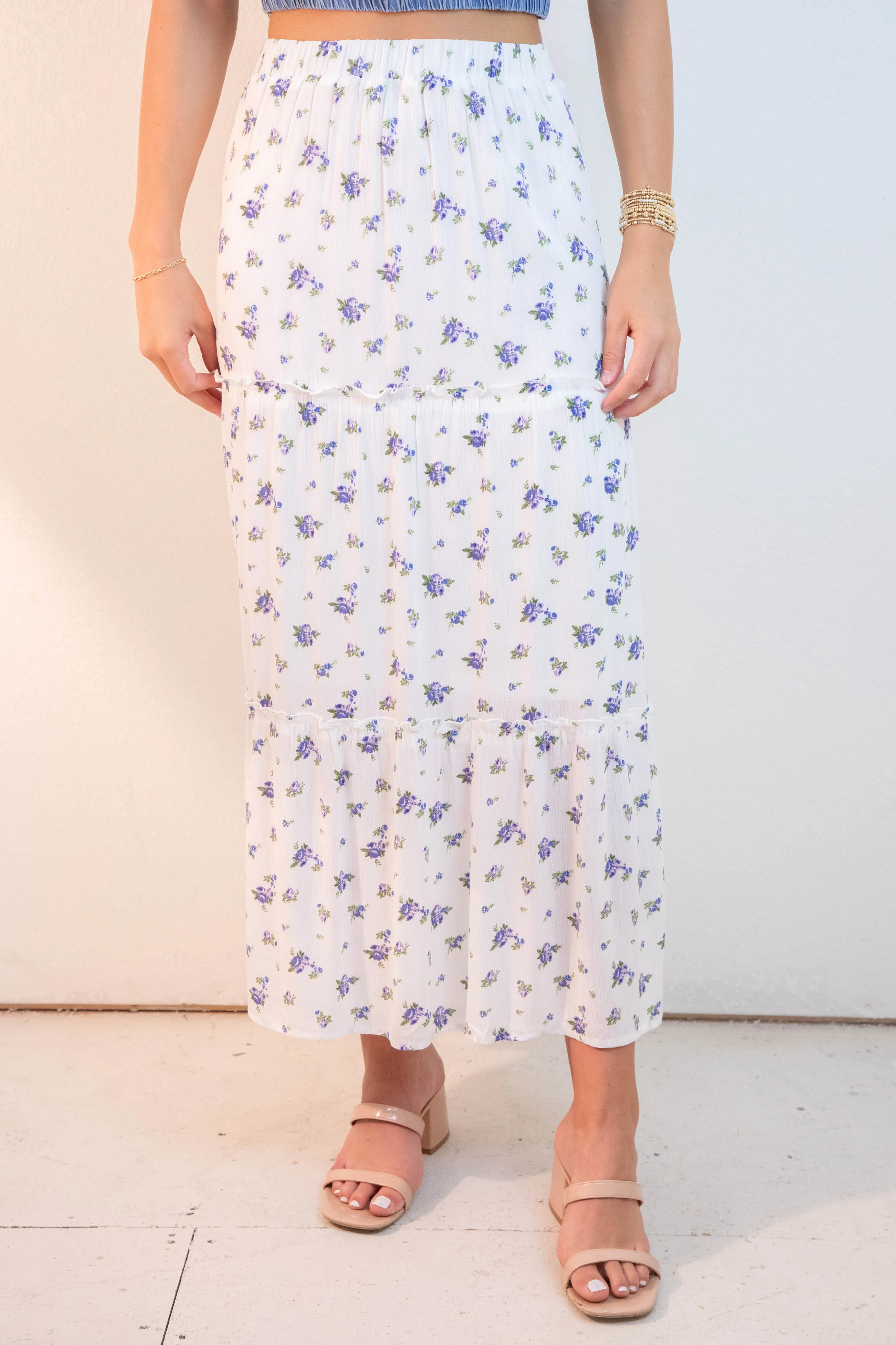 Charli Floral Tiered Midi Skirt, Blue sold by North & Main Clothing Company