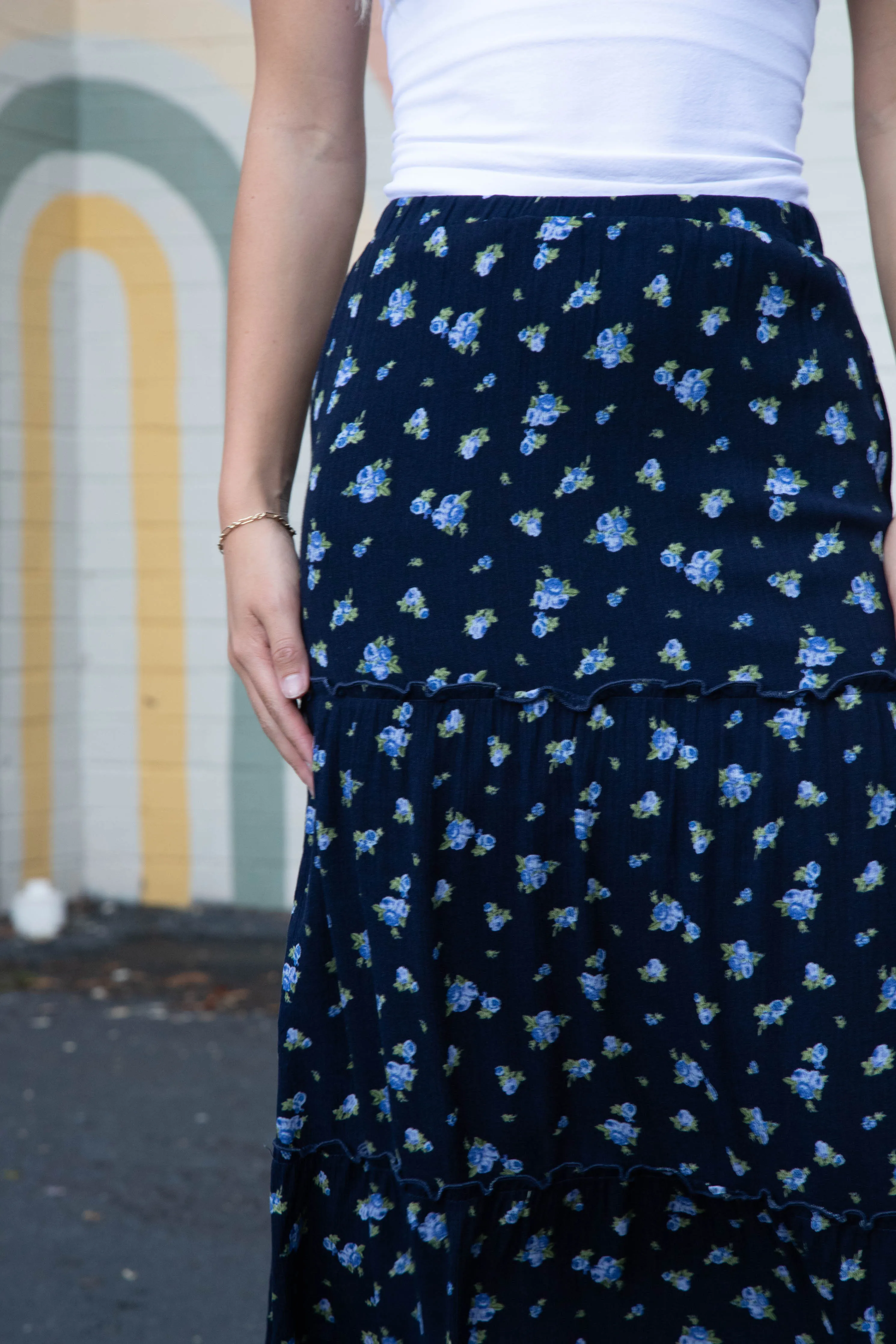 Charli Floral Tiered Midi Skirt, Navy sold by North & Main Clothing Company product image thumbnail 4