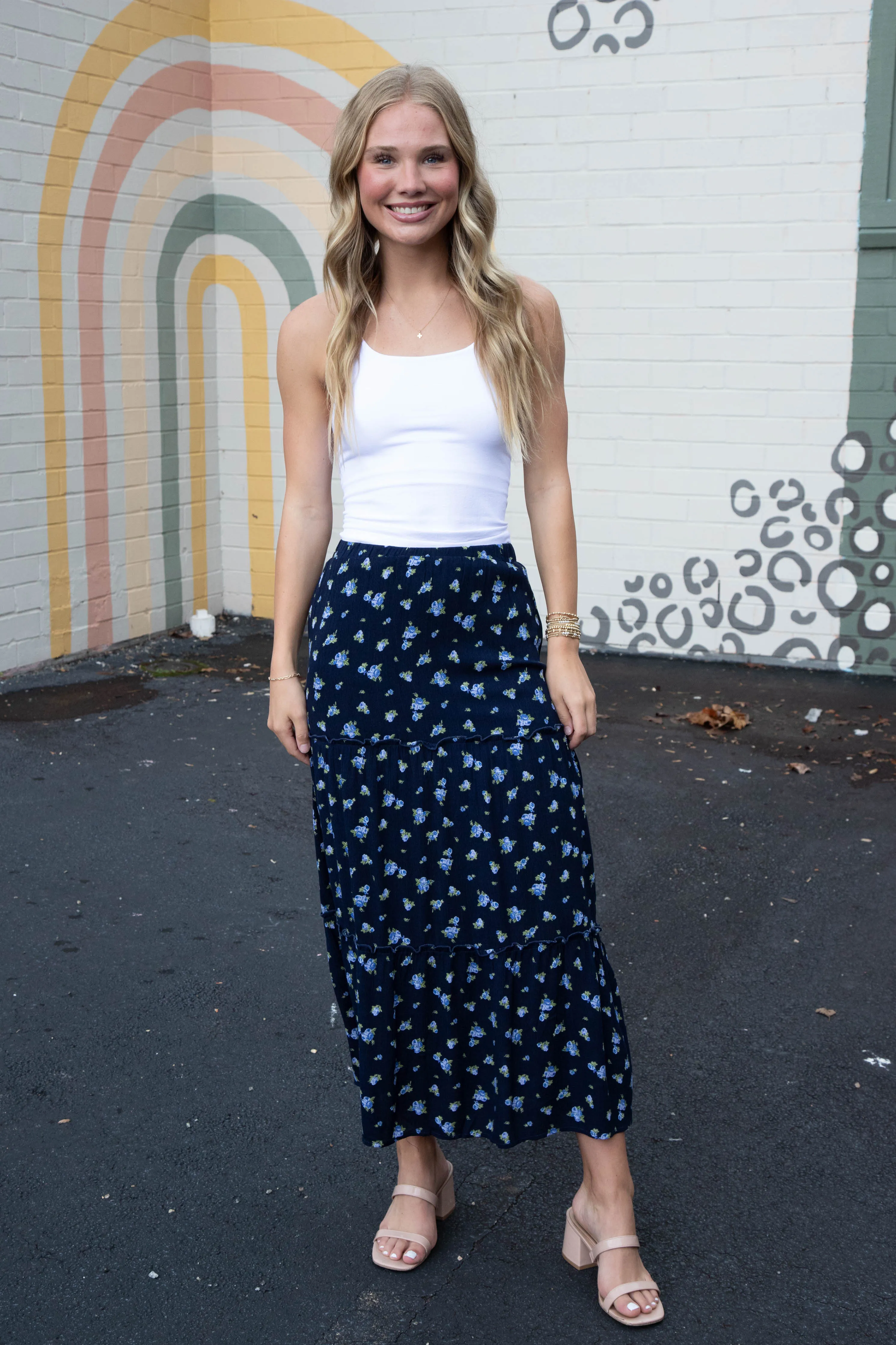Charli Floral Tiered Midi Skirt, Navy sold by North & Main Clothing Company product image thumbnail 2