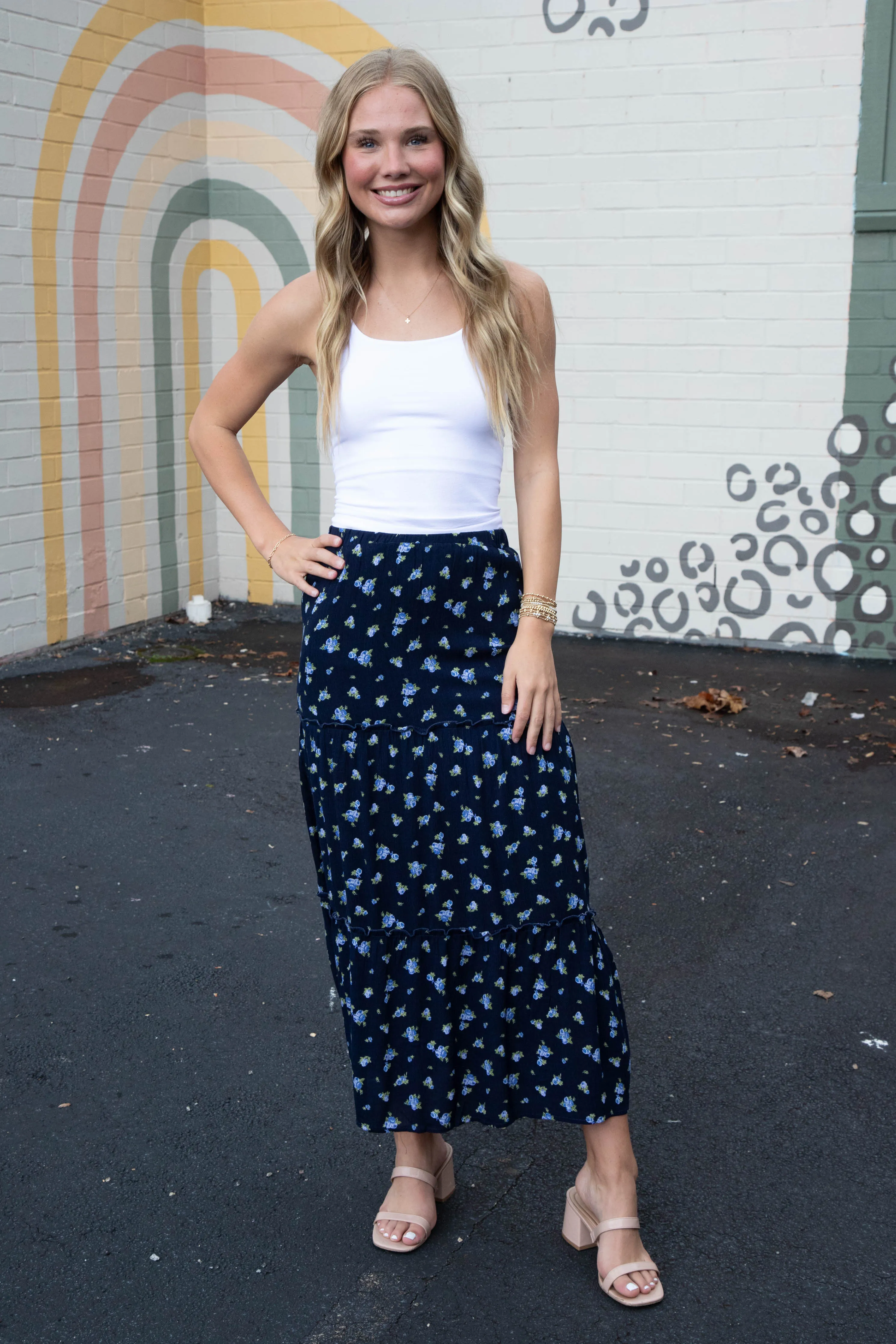 Charli Floral Tiered Midi Skirt, Navy sold by North & Main Clothing Company product image thumbnail 5