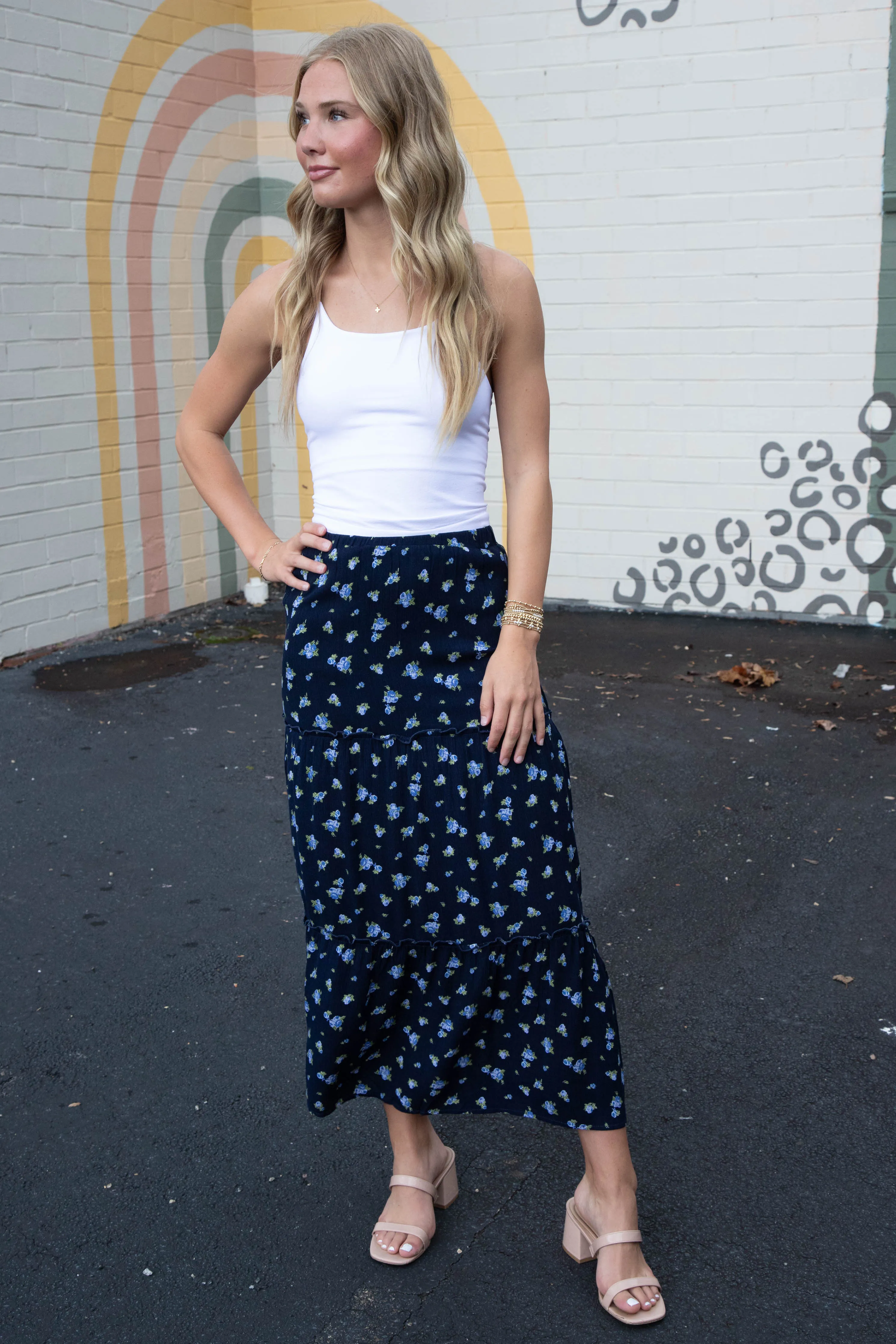Charli Floral Tiered Midi Skirt, Navy sold by North & Main Clothing Company product image thumbnail 3