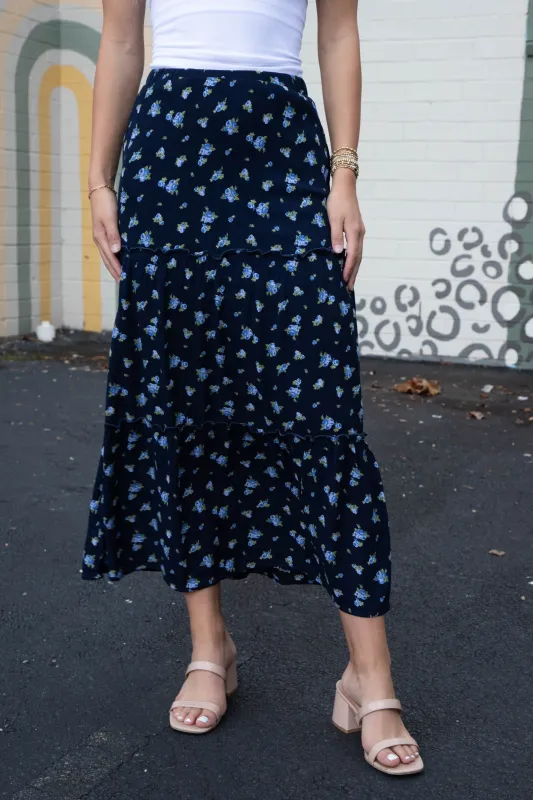 Charli Floral Tiered Midi Skirt, Navy sold by North & Main Clothing Company