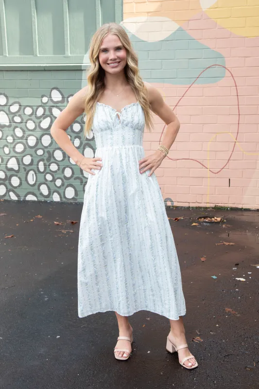 Ariah Floral Striped Midi Dress, White/Blue Floral sold by North & Main Clothing Company